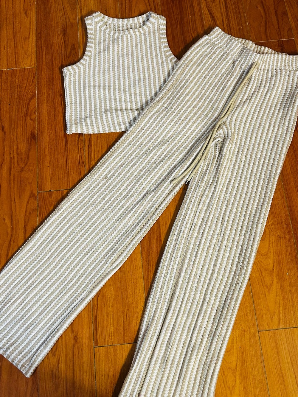 Striped Ribbed Knit Wide-Leg Pants& Crop tank  - Cream